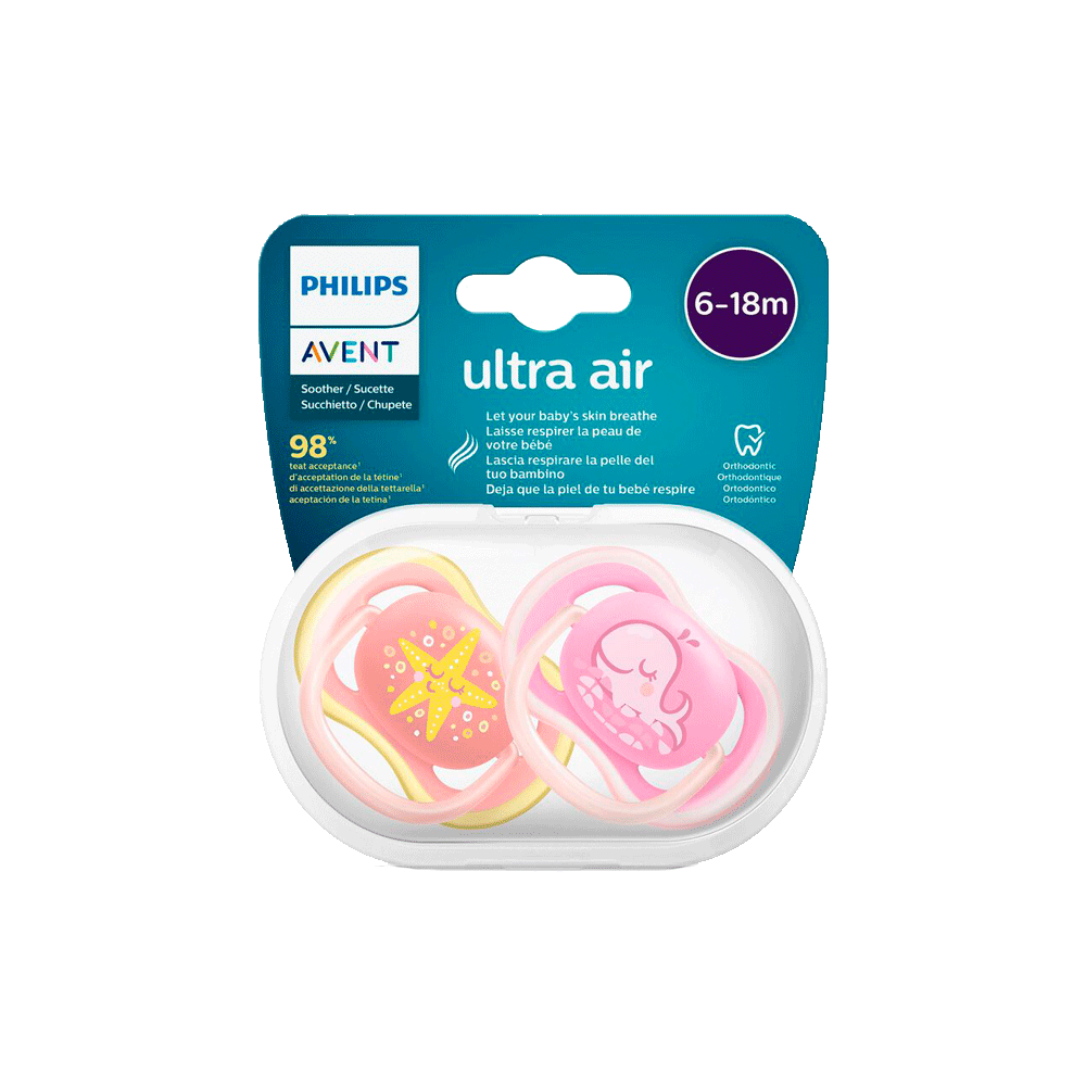 2 Chupetes Ultra Air Philips AVENT decorados para bebés de 6-18 meses